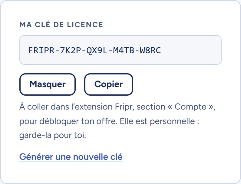 Encadré «&nbsp;Ma clé de licence&nbsp;» de la page Mon compte : la clé FRIPR-7K2P-QX9L-M4TB-W8RC, les boutons Masquer et Copier, et le lien «&nbsp;Générer une nouvelle clé&nbsp;».