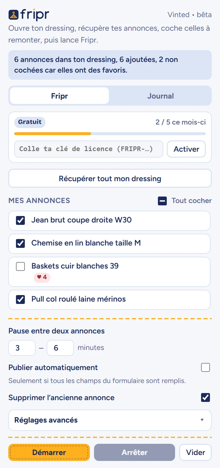 Panneau Fripr avec la liste des annonces récupérées : quatre annonces cochées, et une annonce «&nbsp;Baskets cuir blanches 39&nbsp;» non cochée, marquée de 4 favoris.