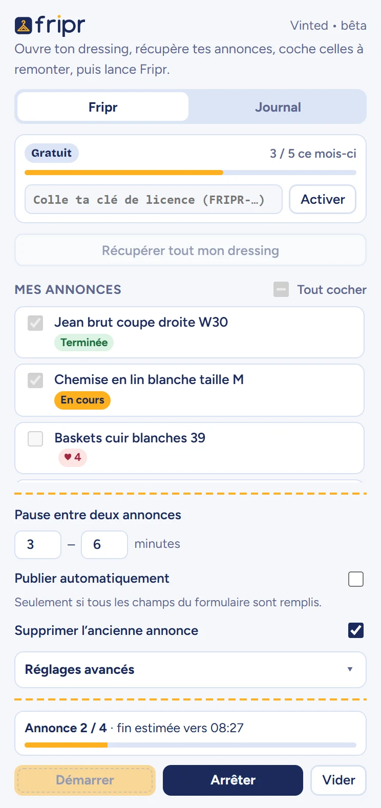 Panneau Fripr pendant une republication : la première annonce est «&nbsp;Terminée&nbsp;», la deuxième «&nbsp;En cours&nbsp;», et la barre de progression indique «&nbsp;Annonce 2 / 4, fin estimée vers 08:27&nbsp;».