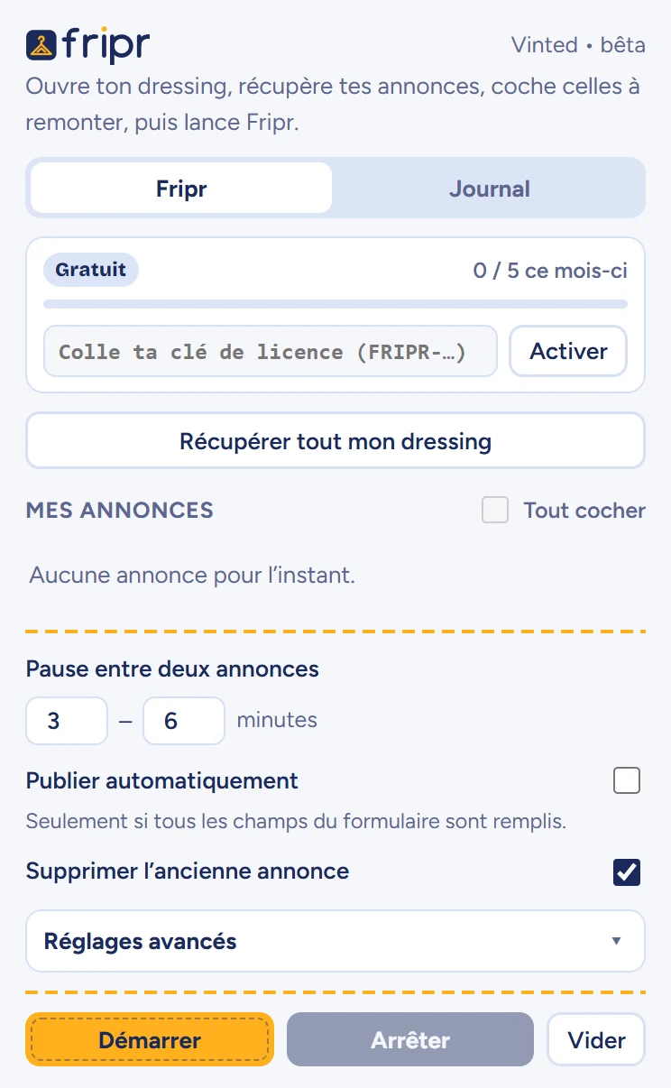 Panneau Fripr au premier lancement : offre Gratuit à 0 sur 5 republications, champ pour coller une clé de licence, bouton «&nbsp;Récupérer tout mon dressing&nbsp;», liste d’annonces vide, réglages et boutons Démarrer, Arrêter et Vider.