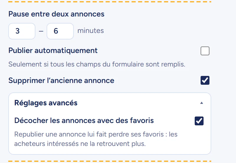 Réglages de Fripr : pause entre deux annonces de 3 à 6 minutes, case «&nbsp;Publier automatiquement&nbsp;» décochée, case «&nbsp;Supprimer l’ancienne annonce&nbsp;» cochée, et réglages avancés ouverts avec la case «&nbsp;Décocher les annonces avec des favoris&nbsp;» cochée.